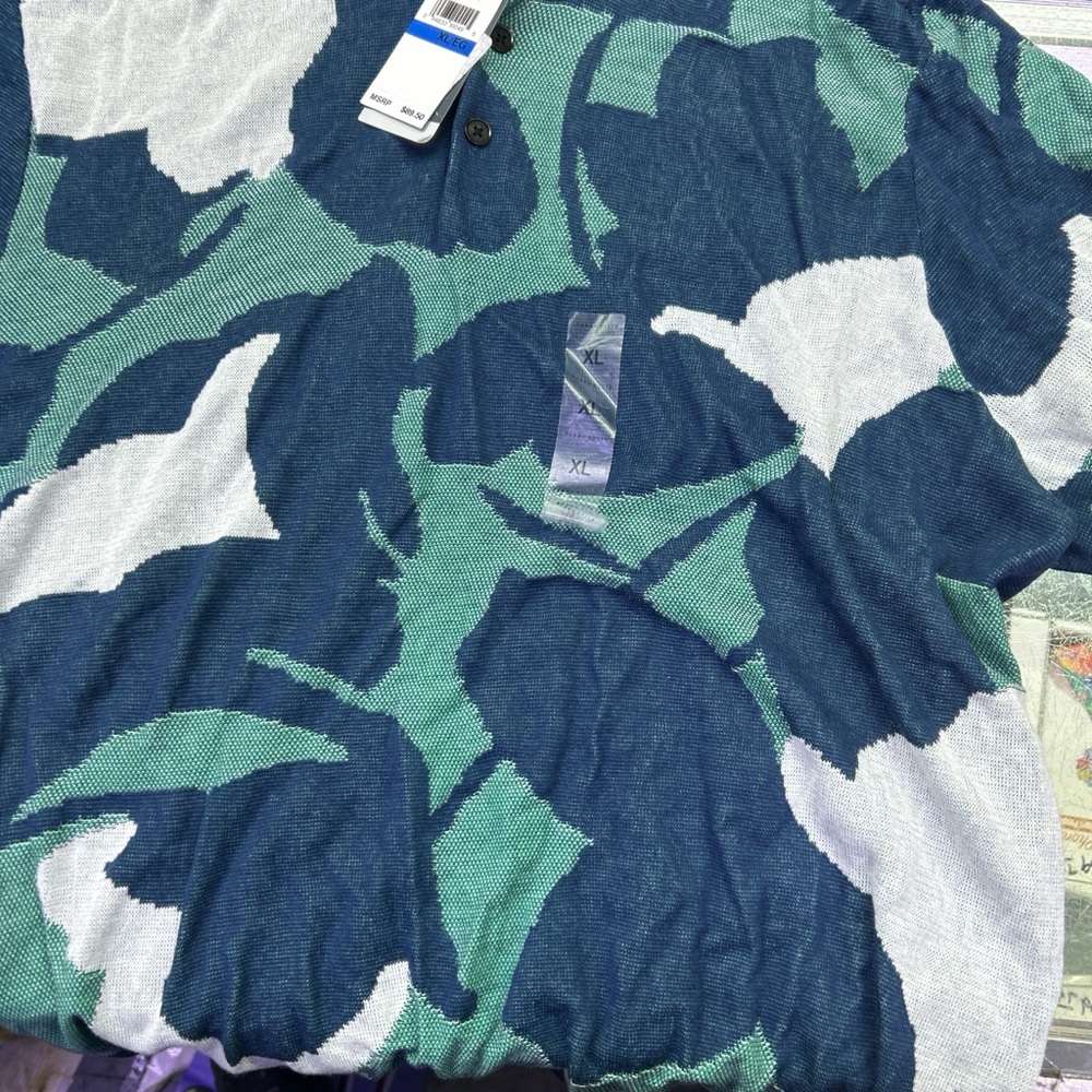 Perry Ellis Navy, Teal & White Patterned Short-Sleeve Polo